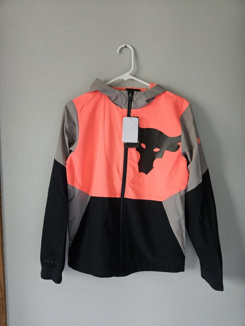 NWT Under Armour Kids' Neon Coral and Gray Colorblock Zip Hoodie